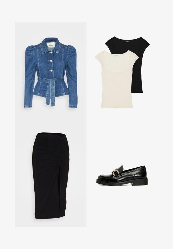 Denimiga jope, mille vöökoht on reguleeritav, kehaosa on kitsas ja õlavarred on puhvaariga. Keskmise sinise värvusega, struktureeritud disain ja ees nupulukud.; Kaks sobitatud lühikeste varrukatega toppi: üks must ja teine kreemikas valge. Mõlemal on ruudukujuline kaelus ja ribakonstruktsioon, sileda viimistlusega.; Mustast, rikutud pliiatsiseelik sidumisdetailiga ja küljes lahtise lõhenemisega. Valmistatud venivast kangast, millel on sile tekstuur ja keha lähedane lõige.; Must musta nahkkingad dekoratiivse kuldse pandlaga. Omab siledat pinnakatet, ümarat varvast ja madalat plokknina koos tekstuuriga tallaga.