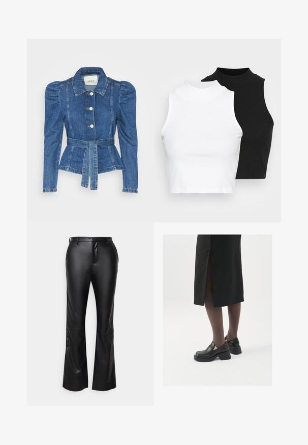 Denim jakna z pasom, prilegajoča bodica in napihnjena ramena. Srednje modra barva, strukturna zasnova in sprednje gumbne zanke.; Dva brezrokavniki z rebrasto turtleneck gorami v črni in beli barvi, z oblikovanim dizajnom in gladko teksturo, v skrajšani dolžini.; Črne hlače s flared krojem iz umetnega usnja z gladko teksturo, z zadrgo, zanke za pas in sprednjimi žepi.; Črne usnjene čevlje s zaobljenim prstom, debelim blokastim petama in elastičnimi stranskimi detajli, v kombinaciji s temno nogavicami in črno krilo z razporkom.