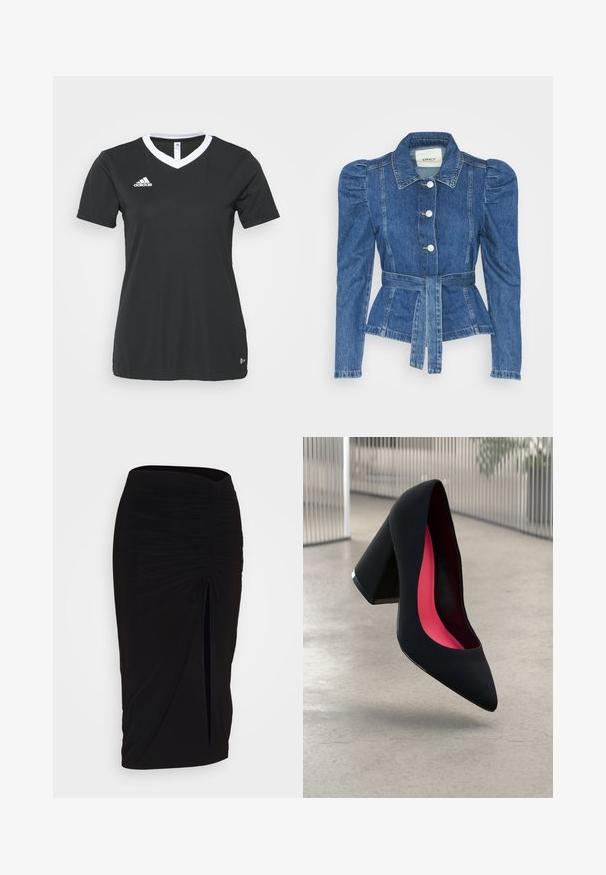Džínová bunda s opaskom v páse, priliehavým telom a vypúknutými ramenami. Stredne modrá farba, štruktúrovaný dizajn a predné gombíkové zapínanie.; Čierne športové tričko s krátkym rukávom a véčkovým výstrihom, s bielym golierom. Logo Adidas v bielej farbe na ľavej strane hrude, vyrobené z hladkej syntetickej látky.; Čierna, riasená ceruzková sukňa s viazaním a bočným rozparkom. Vyrobená z elastického materiálu, s hladkou textúrou a priliehavým dizajnom.; Čierna lodička na vysokom opätku s špicatou špičkou, štruktúrovaným povrchom a živým ružovým interiérom. Obsahuje robustný opätok so strieborným akcentom.