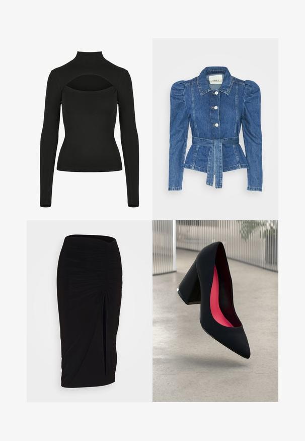 Giacca in denim con vita cintrata, corpino aderente e spalle imbottite. Colore blu medio, design strutturato e chiusura frontale con bottoni.; Top lungo nero a maniche lunghe con collo alto e design con schiena scoperta. Realizzato in tessuto liscio, dalla forma aderente e con cuciture piatte per il comfort.; Gonna a tubino nera, arricciata, con dettaglio a fiocco e uno spacco laterale. Realizzata in un tessuto elasticizzato, presenta una texture liscia e un design aderente.; Scarpa con tacco alto nera, con punta affusolata, superficie testurizzata e un vivace interno rosa. Presenta un tacco spesso con un accento argentato.