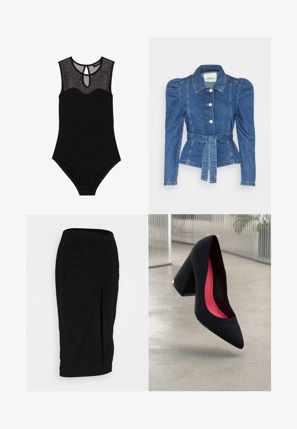 Jachetă din denim cu talie cu curea, bust ajustat și umeri bufanți. Culoare albastră medie, design structurat și închidere cu nasturi în față.; Body negru, cu un yoke din plasă, design fără mâneci, decolteu adânc și spate cu tăietură în formă de inimă. Prezintă un material neted, elastic și detalii minime.; Fustă creion neagră, plisată, cu detalii cu fundă și o fanta laterală. Fabricată dintr-un material elastic, cu o textură netedă și un design care se mulează pe corp.; Cămașă cu toc înalt, neagră, cu vârful ascuțit, suprafață texturată și interior de un roz vibrant. Dispune de un toc gros cu accent argintiu.