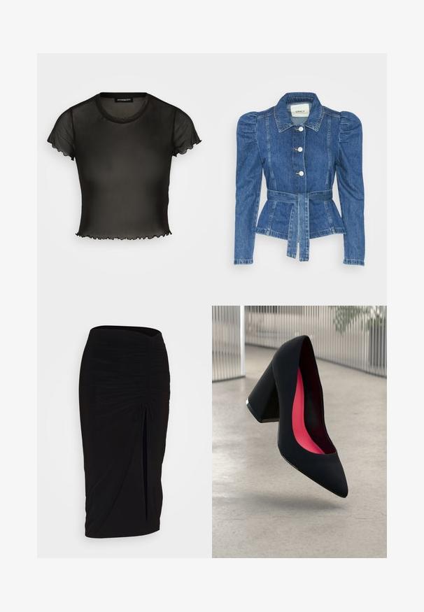Džínová bunda s páskem v pase, přiléhavým střihem a nadýchanými ramenními vycpávkami. Středně modrá barva, strukturovaný design a zapínání na knoflíky vpředu.; Černý průsvitný top s krátkým rukávem, kulatým výstřihem a vlnitými okraji. Vyrobeno z lehkého materiálu, design je přiléhavý a mírně zkrácený.; Černá, řasená tužková sukně s detailem na zavazování a bočním rozparkem. Vyrobena z elastického materiálu s hladkou texturou a přiléhavým střihem.; Černá vysoká podpatková bota s špičatou špičkou, texturovaným povrchem a živým růžovým interiérem. Obsahuje masivní podpatek se stříbrným akcentem.