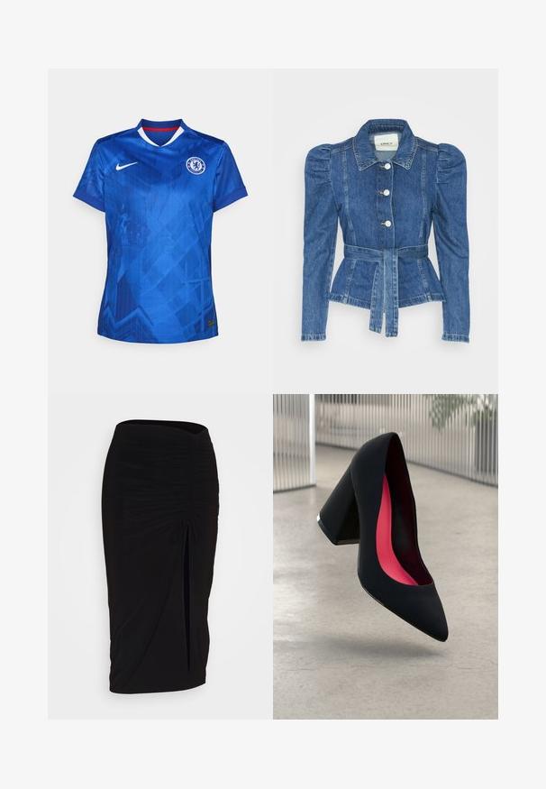 Denim jacket with a belted waist, fitted bodice, and puffed shoulders. Medium blue color, structured design, and front button closures.; Blue Nike football jersey featuring a geometric pattern, a V-neck collar with red accents, and a Chelsea FC logo embroidered on the chest.; Black, ruched pencil skirt with tie detail and a side slit. Made from a stretchy fabric, featuring a smooth texture and form-fitting design.; Black high heel shoe with a pointed toe, textured surface, and a vibrant pink interior. Features a chunky heel with silver accent.