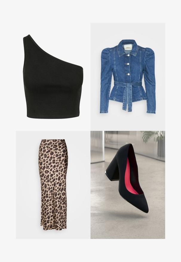 Denimo striukė su dirželiu liemens srityje, prigludusia forma ir pūstomis pečių dalimis. Vidutinio mėlynumo spalva, struktūrizuotas dizainas ir priekiniai mygtukų užsegimai.; Juodas grioveliuotas trumpas viršus su asimetrišku vieno peties dizainu. Audinys atrodo minkštas, su lygiu tekstūru ir prigludusia siluetu.; Leopardų rašto midi sijonas, pagamintas iš lygios satino medžiagos. Talpina prigludusią siluetą su nedideliu plyšiu apatinėje dalyje judėjimui. Neutralios smėlio ir rudos spalvos.; Juodas aukštakulnis batai su smailiu pirštu, su tekstūruota paviršiumi ir ryškiai rožiniu vidumi. Su tiek dideliu kulnu, tiek sidabriniu akcentu.