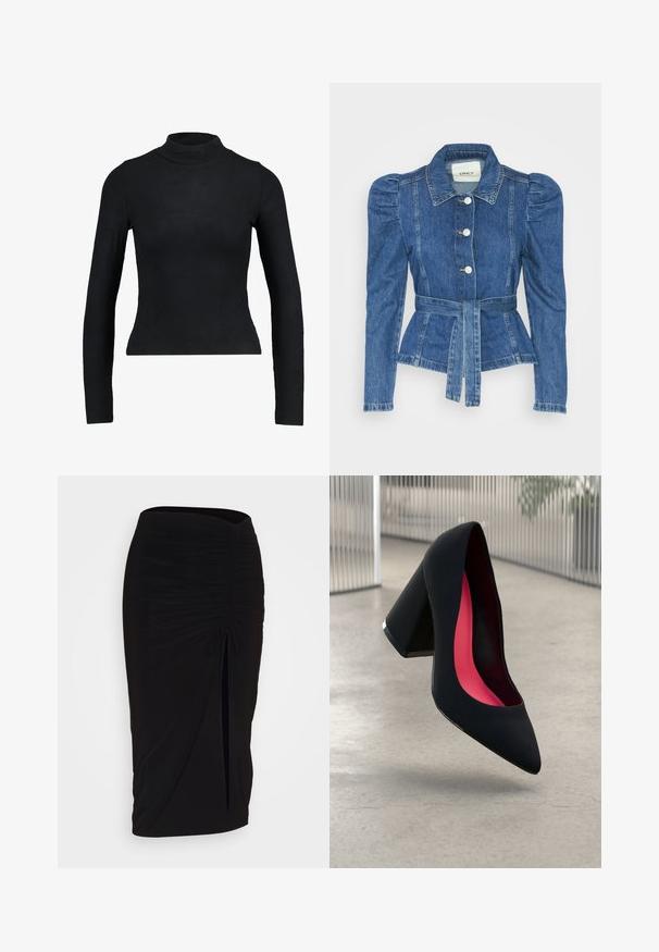 Traper jakna s pojasom u struku, prilagođenim tijelom i nabranim ramenima. Srednje plava boja, strukturirani dizajn i prednje kopčanje na tipke.; Crna dugouha majica s visokim ovratnikom od rebrastog materijala, s prilagođenim dizajnom i uskim siluetom. Bez uzoraka ili akcenta.; Crna, nabrana suknja olovka s detaljem vezanja i bočnim prorezom. Izrađena od rastezljivog materijala, s glatkom teksturom i prilagođenim dizajnom.; Crna visoka potpetica s oštrim vrhom, teksturiranom površinom i živopisnom ružičastom unutrašnjošću. Ima masivnu potpeticu s srebrnim detaljem.