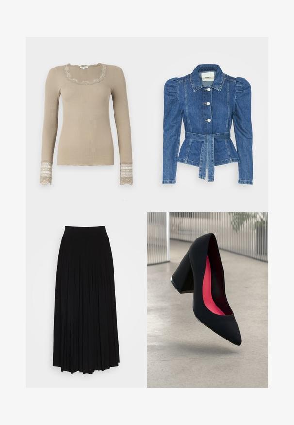 Denim jacket with a belted waist, fitted bodice, and puffed shoulders. Medium blue color, structured design, and front button closures.; Beige ribbed long-sleeve top with a scalloped neckline and lace accents on the cuffs. The fabric has a soft texture and fitted shape.; Black pleated skirt with a high, stretchy waistband. Made from soft fabric, featuring vertical pleats for a flowing silhouette.; Black high-heeled shoe with a pointed toe and a textured upper. Interior features bright pink lining. Square heel with metallic accent at the base.