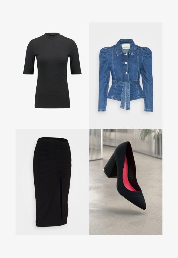 Denim jakna z pasom, prilegajoča bodica in napihnjena ramena. Srednje modra barva, strukturna zasnova in sprednje gumbne zanke.; Črna rebrasta majica s high neckline in kratkimi rokavi. Gladek, oprijet dizajn brez vzorcev ali vidnih kovinskih delov.; Črna, nabrana svinčnik krilo z detajlom v obliki traku in stranskim razporkom. Narejeno iz raztegljive tkanine, ki se ponaša z gladko teksturo in oblikovanjem, ki se prilega telesu.; Črne visoke petke z nazobčanim prstom, teksturirano površino in živahnimi rožnatimi notranjimi deli. Imajo robustno peto z srebrnim akcentom.