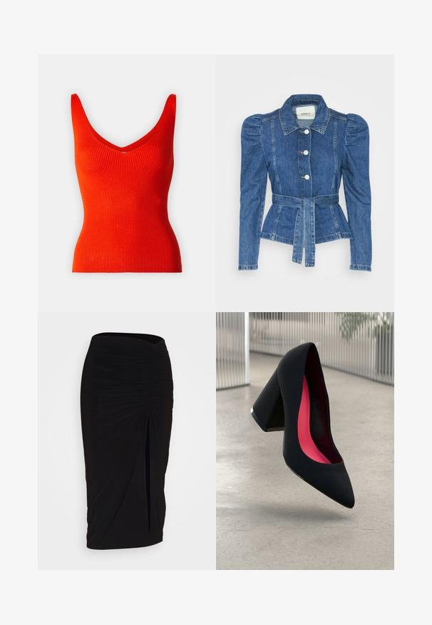 Jeansjacke mit tailliertem Schnitt, fitted Oberteil und gepufften Schultern. Mittelblaue Farbe, strukturierte Form und Frontknopfverschlüsse.; Rippenshirt in Rot mit V-Ausschnitt und breiten Trägern, mit einer figurbetonten Form und glatter Textur.; Schwarzer, geraffter Bleistiftrock mit Bindegürtel und seitlichem Schlitz. Hergestellt aus einem dehnbaren Stoff, mit glatter Textur und figurschmeichelndem Design.; Schwarzer High Heel Schuh mit spitzer Zehe, strukturiertem Obermaterial und lebhaftem pinken Innenraum. Verfügt über einen dicken Absatz mit silberner Akzentuierung.