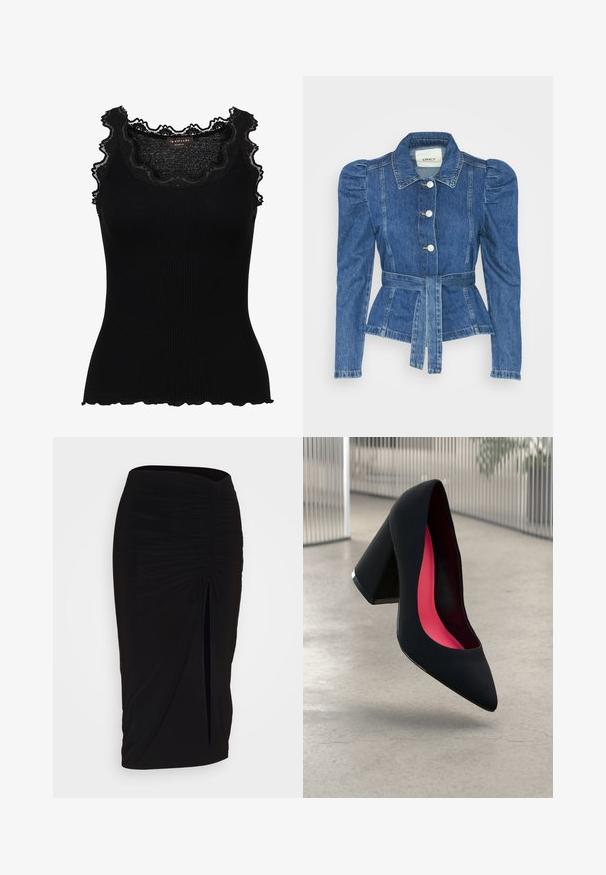 Jachetă din denim cu talie cu curea, bust ajustat și umeri bufanți. Culoare albastră medie, design structurat și închidere cu nasturi în față.; Top de iarnă negru cu cristale la guler și la brațe. Prezintă un design ajustat și margini ondulate pentru un plus de textură.; Fustă creion neagră, plisată, cu detalii cu fundă și o fanta laterală. Fabricată dintr-un material elastic, cu o textură netedă și un design care se mulează pe corp.; Cămașă cu toc înalt, neagră, cu vârful ascuțit, suprafață texturată și interior de un roz vibrant. Dispune de un toc gros cu accent argintiu.