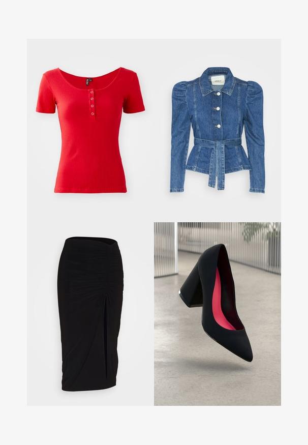 Denimiga jope, mille vöökoht on reguleeritav, kehaosa on kitsas ja õlavarred on puhvaariga. Keskmise sinise värvusega, struktureeritud disain ja ees nupulukud.; Punane ribaga lühikeste varrukatega T-särk lai avatud kaelusega ja esise nööbdetailiga, kus on kaks metallnööpi. Pehme tekstuur, naiselik lõige.; Mustast, rikutud pliiatsiseelik sidumisdetailiga ja küljes lahtise lõhenemisega. Valmistatud venivast kangast, millel on sile tekstuur ja keha lähedane lõige.; Mustad must kõrged kontsad, terava ninaga, tekstuurse pinnaga ning erksa roosa sisemusega. Omab paksu kontsa koos hõbedase aktsendiga.
