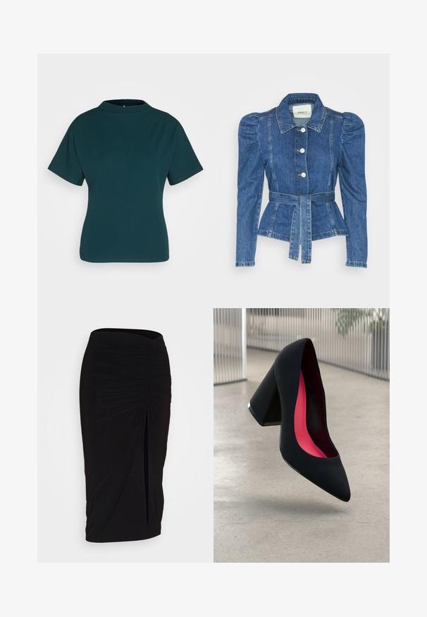 Denimjakke med beltedal, tætsiddende liv og puffede skuldre. Mellemblå farve, struktureret design og frontknaplukninger.; Teal kortærmet top med høj halsudskæring, lavet af glat stof. Har en tætsiddende silhuet og minimale syninger.; Sort, rynket blyantskørt med bindebånd og en sidelæg. Fremstillet af et strækbart stof, der har en glat overflade og en tætsiddende pasform.; Sort højhælet sko med spids snude og tekstureret overdel. Indvendigt indeholder den lyserød foer. Kvadratisk hæl med metalaccent ved bunden.