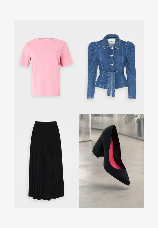 Denimjakke med beltedal, tætsiddende liv og puffede skuldre. Mellemblå farve, struktureret design og frontknaplukninger.; Pink kortærmet T-shirt lavet af blødt bomuldsstof. Klassisk rund halsudskæring og en afslappet pasform uden yderligere mønstre eller dekorationer.; Sort plisseret nederdel med et højt, strækbart taljebånd. Lavet af blødt stof, med lodrette plisseringer for en flydende silhuet.; Sort højhælet sko med spids tå, struktureret overflade og et livligt pink interiør. Har en kraftig hæl med sølvdetaljer.