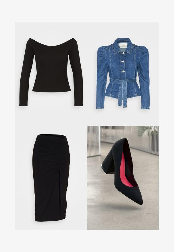 Spijkerjack met een ceintuur in de taille, een getailleerd lijfje en pofmouwen. Middelblauwe kleur, gestructureerd ontwerp en knoopsluitingen aan de voorkant.; Zwarte geribbelde lange mouw top met een off-shoulder ontwerp en een getailleerde silhouet. Gladde textuur met een licht rekbare stof voor comfort.; Zwarte, gerimpelde kokerrok met strikdetail en een zijsplit. Gemaakt van een rekbaar stof, met een soepele textuur en een aansluitend ontwerp.; Zwarte hoge hak met een spitse neus en een gestructureerd bovenwerk. Interieur met felroze voering. Vierkante hak met een metallic accent aan de basis.
