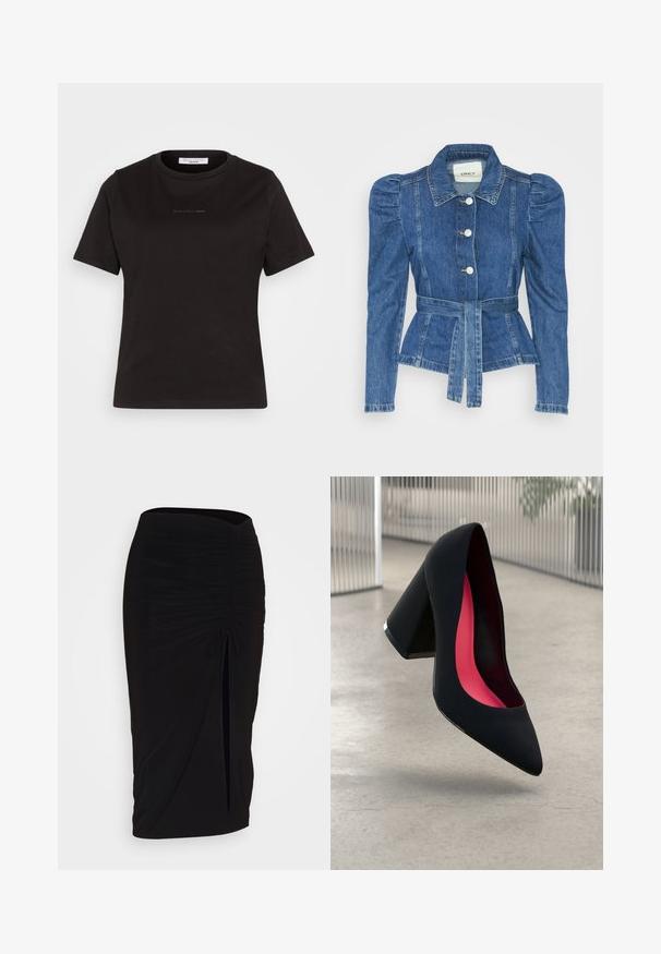 Denim jacket with a belted waist, fitted bodice, and puffed shoulders. Medium blue color, structured design, and front button closures.; Black cotton t-shirt with a crew neckline and short sleeves. Features subtle logo detail on the front and a smooth texture.; Black, ruched pencil skirt with tie detail and a side slit. Made from a stretchy fabric, featuring a smooth texture and form-fitting design.; Black high heel shoe with a pointed toe, textured surface, and a vibrant pink interior. Features a chunky heel with silver accent.