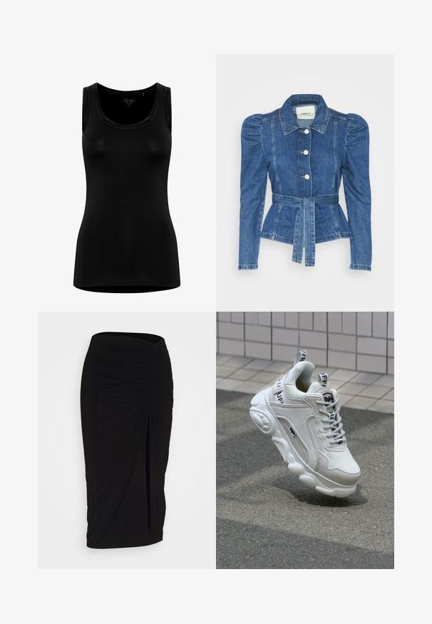 Spijkerjack met een ceintuur in de taille, een getailleerd lijfje en pofmouwen. Middelblauwe kleur, gestructureerd ontwerp en knoopsluitingen aan de voorkant.; Zwarte mouwloze tanktop gemaakt van zachte, rekbare stof. Kenmerken een ronde halslijn en een minimalistisch ontwerp zonder zichtbare branding.; Zwarte, gerimpelde kokerrok met strikdetail en een zijsplit. Gemaakt van een rekbaar stof, met een soepele textuur en een aansluitend ontwerp.; Witte sneaker van mesh en leer, met een ronde neus, dikke zool, opvallende veters en merklogo op de hak en tong.