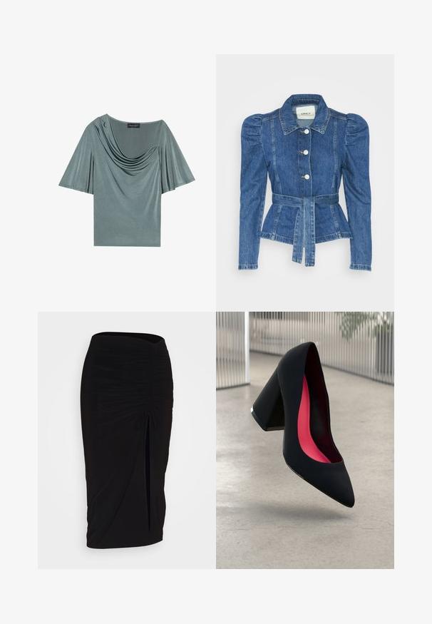 Denimjakke med beltedal, tætsiddende liv og puffede skuldre. Mellemblå farve, struktureret design og frontknaplukninger.; Kortærmet top i lysegrøn stof med draperet udskæring og svungne ærmer. Glat tekstur, moderat pasform og ensfarvet.; Sort, rynket blyantskørt med bindebånd og en sidelæg. Fremstillet af et strækbart stof, der har en glat overflade og en tætsiddende pasform.; Sort højhælet sko med spids snude og tekstureret overdel. Indvendigt indeholder den lyserød foer. Kvadratisk hæl med metalaccent ved bunden.