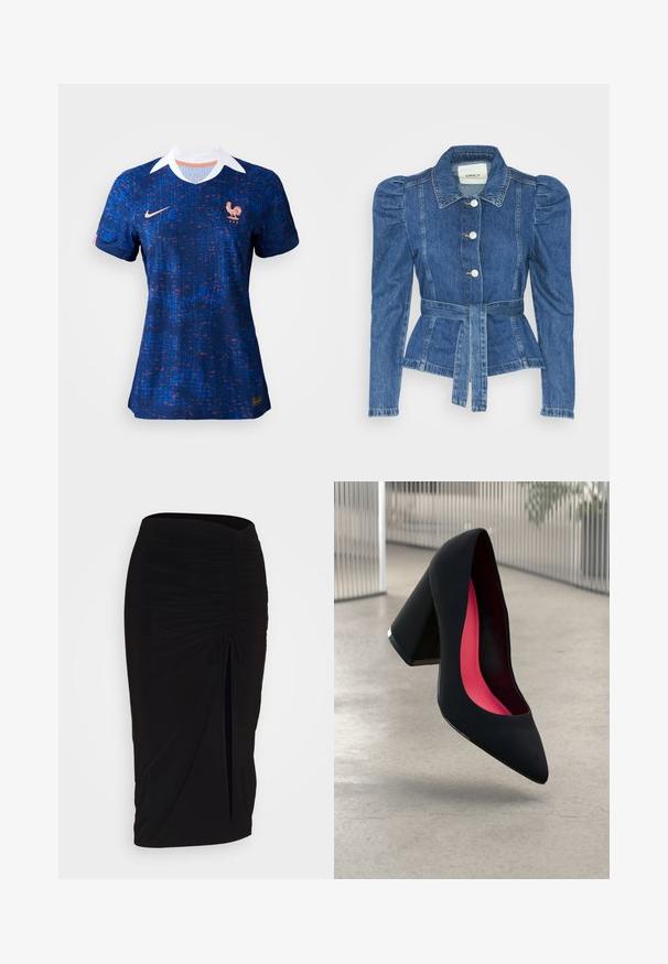 Traper jakna s pojasom u struku, prilagođenim tijelom i nabranim ramenima. Srednje plava boja, strukturirani dizajn i prednje kopčanje na tipke.; Plava nogometna majica s teksturiranim dizajnom, koja ima bijelu kragnu, Nike logo i grb pjetla francuske nogometne reprezentacije.; Crna, nabrana suknja olovka s detaljem vezanja i bočnim prorezom. Izrađena od rastezljivog materijala, s glatkom teksturom i prilagođenim dizajnom.; Crna visoka potpetica s oštrim vrhom, teksturiranom površinom i živopisnom ružičastom unutrašnjošću. Ima masivnu potpeticu s srebrnim detaljem.