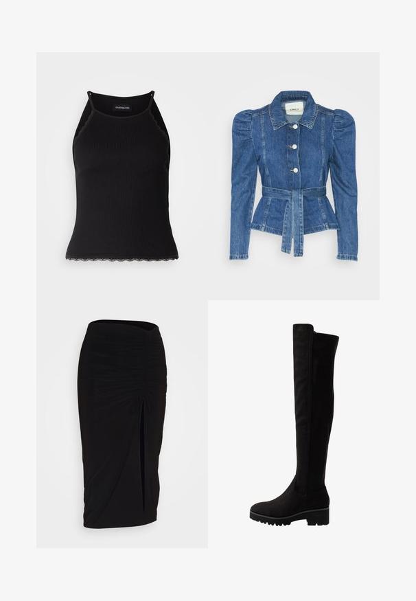 Riposso takki, jossa on vyöllinen vyötärö, istuva vartalo ja puffatut olkapäät. Keskisininen väri, rakenteellinen muotoilu ja etupainetut napit.; Mustan ribbitoppi, jonka helman reunassa on aaltoileva pitsi. Ominaisuuksina ohuet hihnat ja tiukka malli. Valmistettu joustavasta kankaasta.; Musta, rypytetty kynähame, jossa on solmuseikkaus ja sivurako. Valmistettu joustavasta kankaasta, joka tarjoaa sileän pinnan ja vartaloon kiinnittyvän muodon.; Musta yli polven saappaat pehmeästä mokasta, jossa on litteä pohja, pyöristetty kärki ja elastiset sivupanelit helppoa pukemista varten.