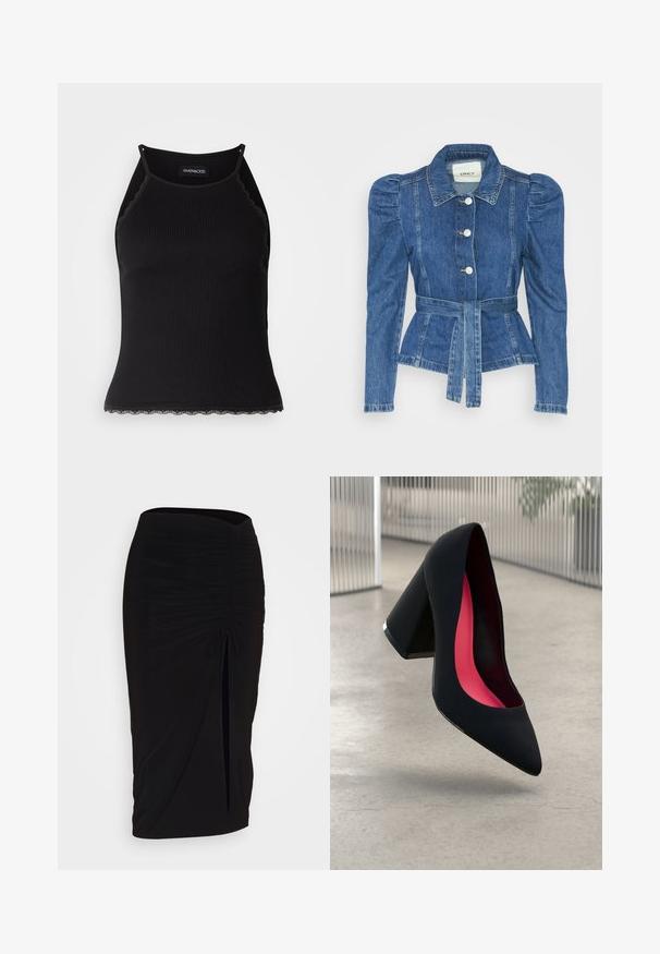 Casaco de ganga com cintura ajustada, corpete justo e ombros bufantes. Cor azul média, design estruturado e fecho frontal por botões.; T-shirt sem mangas preto com acabamento em renda frisada na barra. Apresenta alças finas e um design justo. Feito de um tecido elástico.; Saia lápis preta, franzida, com detalhe de laço e uma fenda lateral. Feita de um tecido elástico, apresenta uma textura suave e um design justo ao corpo.; Sapato de salto alto preto com bico puntiagudo, superfície texturizada e um interior vibrante em rosa. Apresenta um salto grosso com detalhe em prata.