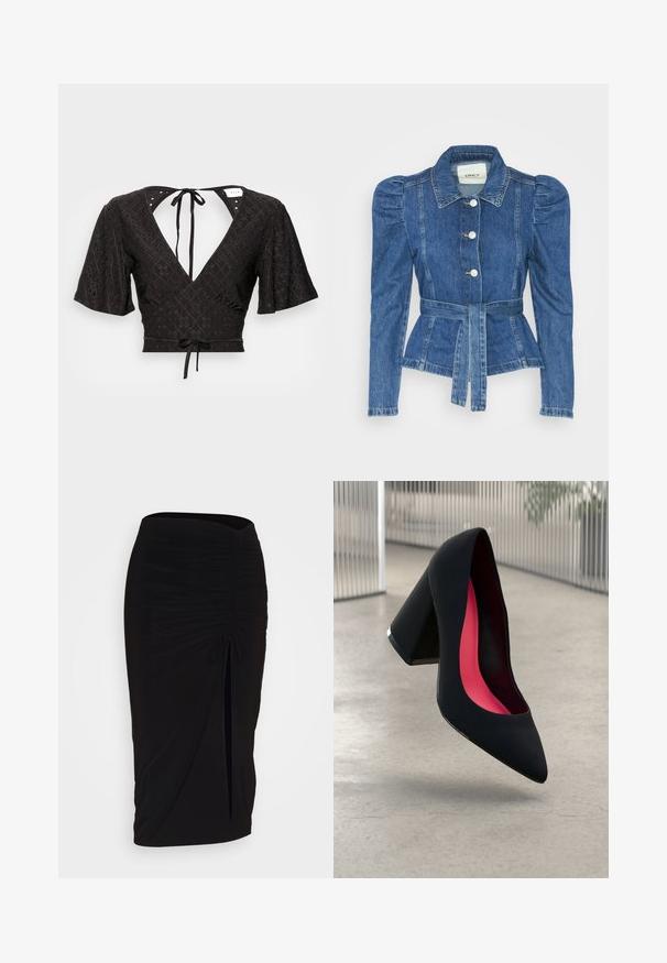 Τζάκετ τζιν με ζώνη στη μέση, εφαρμοστό σώμα και φουσκωτούς ώμους. Μεσαίου μπλε χρώματος, δομημένος σχεδιασμός και μπροστινές κλείσεις με κουμπιά.; Μαύρη κοντή μπλούζα με κοντά φουσκωτά μανίκια, βαθύ V-ντεκολτέ και κορδόνι πίσω. Το ύφασμα έχει υφή με σχέδιο και κοψίματα.; Μαύρη, ραμμένη pencil φούστα με λεπτομέρεια κόμπο και πλάγιο άνοιγμα. Κατασκευασμένη από ελαστικό ύφασμα, διαθέτει λείο υφή και εφαρμοστή γραμμή.; Μαύρο τακούνι με尖 καμπυλωτή μύτη, υφή και έντονο ροζ εσωτερικό. Διαθέτει χοντρό τακούνι με ασημί λεπτομέρεια.