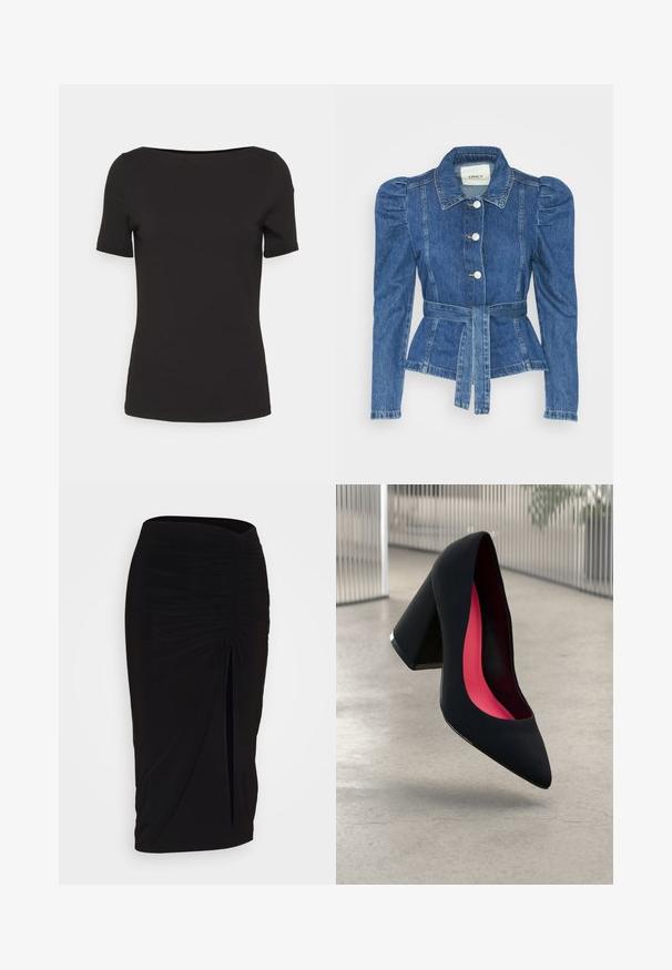 Džínová bunda s opaskom v páse, priliehavým telom a vypúknutými ramenami. Stredne modrá farba, štruktúrovaný dizajn a predné gombíkové zapínanie.; Čierne tričko s krátkym rukávom a obdélnikovým výstrihom, vyrobené z hladkej tkaniny, s priliehavým strihom a bez viditeľných vzorov alebo akcentov.; Čierna, riasená ceruzková sukňa s viazaním a bočným rozparkom. Vyrobená z elastického materiálu, s hladkou textúrou a priliehavým dizajnom.; Čierna lodička na vysokom opätku s špicatou špičkou, štruktúrovaným povrchom a živým ružovým interiérom. Obsahuje robustný opätok so strieborným akcentom.