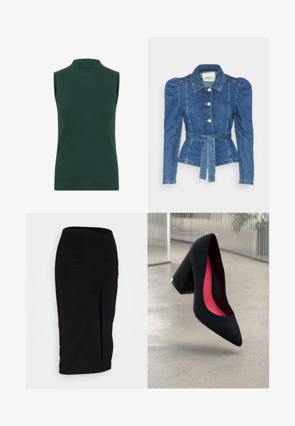 Chaqueta de mezclilla con cintura ceñida, cuerpo ajustado y hombros abullonados. Color azul medio, diseño estructurado y cierres frontales de botones.; Top sin mangas de cuello alto hecho de tela acanalada en verde oscuro. Tiene un cuello alto, textura suave y un diseño ajustado.; falda lápiz negra con fruncido, detalle de lazo y abertura lateral. Hecha de un tejido elástico, con una textura suave y un diseño ajustado.; Zapato de tacón alto negro con puntera afilada, superficie texturizada y un interior de un rosa vibrante. Presenta un tacón grueso con un acento plateado.