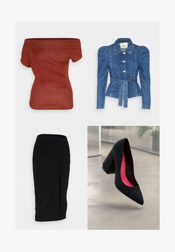Džinsu jaka ar jostas vidukli, pieguļošu augšdaļu un pūšām plecu daļām. Vidēji zila krāsa, strukturēts dizains un priekšējie pogu aizdarījumi.; Sarkanais bezplecu tops, kas izgatavots no viegla auduma. Ievērojama eleganta dizaina ar smalku drapējumu un īsām piedurknēm. Gluda tekstūra.; Melna, ručām veidota zīda svārku ar saišu detaļu un sānu izgriezumu. Izgatavota no elastīga auduma, ar gludu tekstūru un pieguļošu dizainu.; Melna augsta papēža kurpe ar smailu purngalu, teksturētu virsmu un dzīvespriecīgu rozā interjeru. Satur masīlu papēdi ar sudraba akcentu.