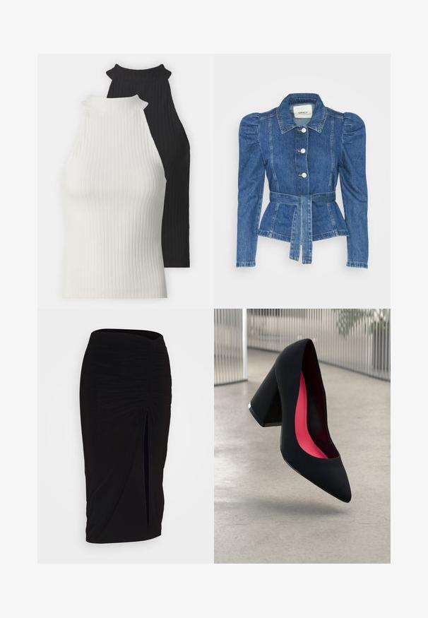 Denim jacket with a belted waist, fitted bodice, and puffed shoulders. Medium blue color, structured design, and front button closures.; Ribbed halter tops in black and white. Features high necklines and fitted shapes. Smooth texture with contrasting colors and minimal accents.; Black, ruched pencil skirt with tie detail and a side slit. Made from a stretchy fabric, featuring a smooth texture and form-fitting design.; Black high heel shoe with a pointed toe, textured surface, and a vibrant pink interior. Features a chunky heel with silver accent.