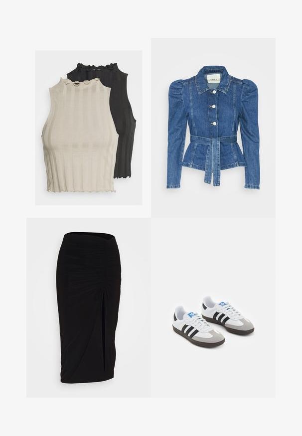 Casaco de ganga com cintura ajustada, corpete justo e ombros bufantes. Cor azul média, design estruturado e fecho frontal por botões.; Mostram-se duas camisetas sem mangas com nervuras, uma em bege claro e a outra em preto. Ambas têm um decote em forma de concha e um corte ajustado.; Saia lápis preta, franzida, com detalhe de laço e uma fenda lateral. Feita de um tecido elástico, apresenta uma textura suave e um design justo ao corpo.; Ténis desportivos com um cabedal em pele branca, biqueira em camurça cinza e três riscas pretas. Apresenta um logo azul na língua e uma sola de borracha texturizada.