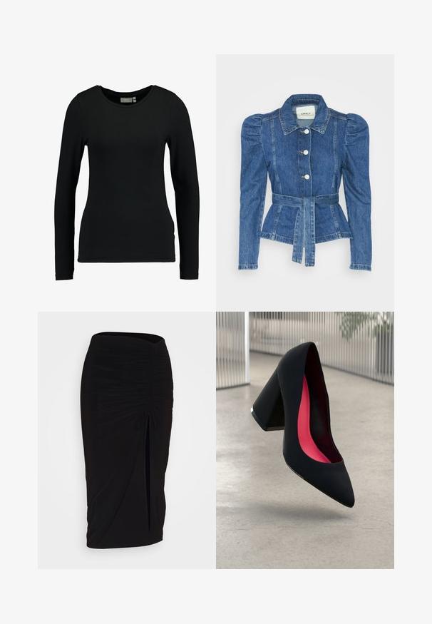 Farmer dzseki övvel a deréknál, testhez simuló fazon és puffos vállakkal. Középkék szín, struktúrált kialakítás és elöl gombos záródás.; Fekete, hosszú ujjú póló puha pamut keverék anyagból. Kerek nyakkivágással és testhezálló szabással rendelkezik, sima tapintással. Nincsenek minták vagy díszítések.; Fekete, ráncolt ceruzaszoknya kötött részlettel és oldalsó hasítékkal. Rugalmas anyagból készült, sima textúrával és testhez álló kialakítással.; Fekete magassarkú cipő hegyes orral, textúrált felülettel és élénk rózsaszín béléssel. Vastag sarokkal rendelkezik, ezüst kiegészítővel.