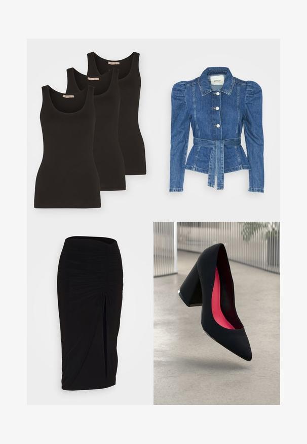 Jeansjakke med belte i midjen, tettsittende midje og puffede skuldre. Medium blå farge, strukturert design og frontknapper.; Tre svarte tank-topper laget av bomull, med rund hals og smale skulderstropper. De har en glatt tekstur og en tettsittende design.; Svart, rynket blyantskjørt med knyting og sidelits. Laget av et elastisk stoff, med en glatt tekstur og en kroppsnær passform.; Svart høye hæler med spiss tå, teksturert overflate og en livlig rosa innside. Har en kraftig hæl med sølvdetaljer.