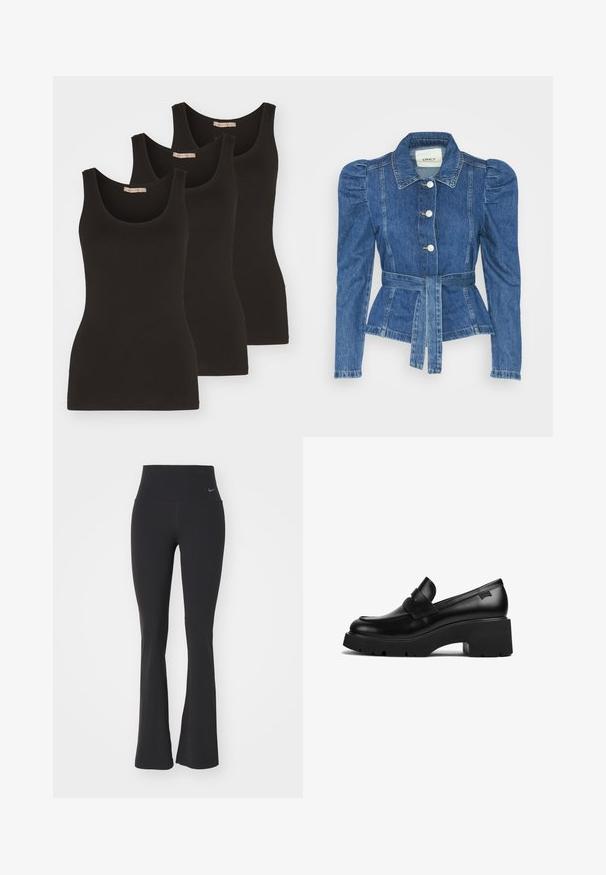 Denimjakke med beltedal, tætsiddende liv og puffede skuldre. Mellemblå farve, struktureret design og frontknaplukninger.; Tre sorte tanktoppe lavet af bomuld, med rund udskæring og smalle stropper. De har en glat tekstur og en tætsiddende pasform.; Sorte yogabukser med høj talje, lavet af strækbart stof. Har en flagrende design og et lille Nike-logo ved taljen.; Sorte læder loafers med chunky hæl, tyk sål og en remdetalje henover, vist fra siden på en hvid baggrund.