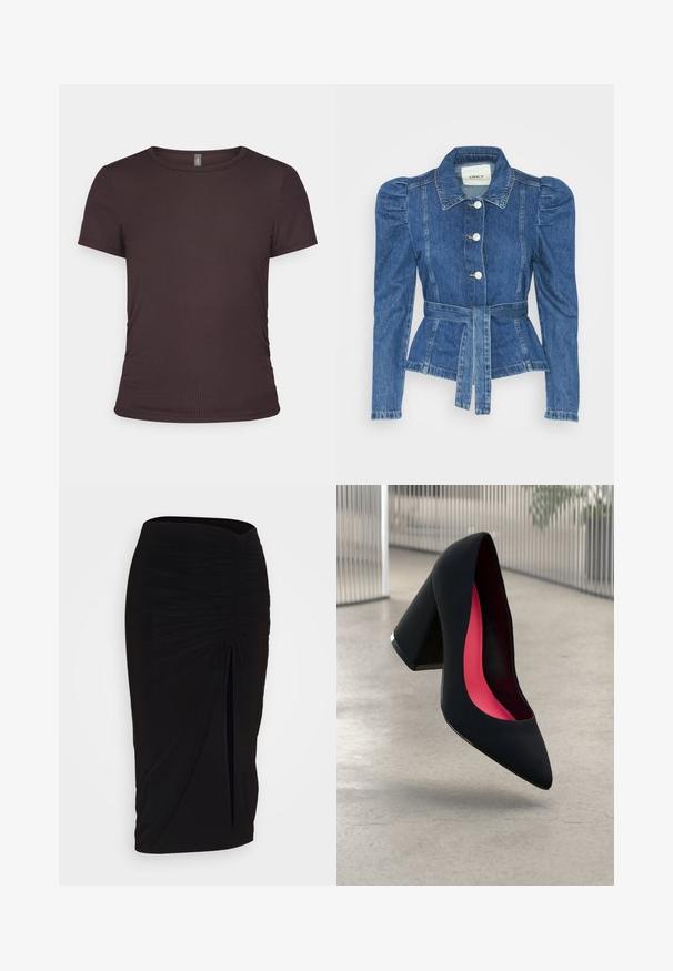 Chaqueta de mezclilla con cintura ceñida, cuerpo ajustado y hombros abullonados. Color azul medio, diseño estructurado y cierres frontales de botones.; Camiseta marrón de manga corta hecha de tela acanalada, con un escote redondo y un diseño ajustado, que presenta sutiles detalles de fruncido lateral.; falda lápiz negra con fruncido, detalle de lazo y abertura lateral. Hecha de un tejido elástico, con una textura suave y un diseño ajustado.; Zapato de tacón alto negro con puntera afilada, superficie texturizada y un interior de un rosa vibrante. Presenta un tacón grueso con un acento plateado.