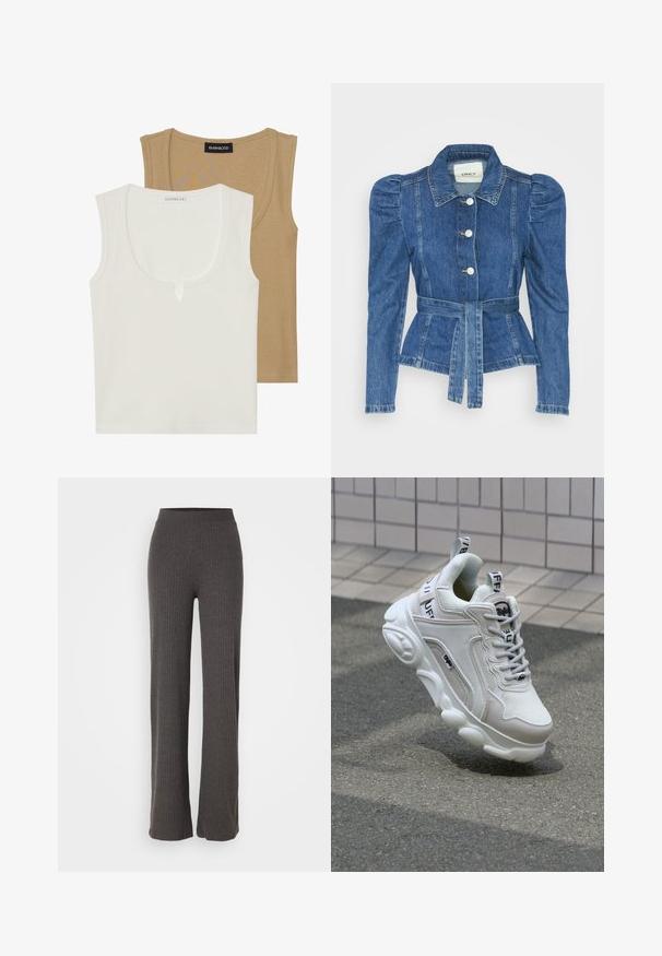 Traper jakna s pojasom u struku, prilagođenim tijelom i nabranim ramenima. Srednje plava boja, strukturirani dizajn i prednje kopčanje na tipke.; Dva majica bez rukava: jedna kremne boje s izrezom i blagom prednjom detaljnom, a druga svijetlosmeđa, obje s rebrastom teksturom i širokim naramenicama.; Sive rebraste pletene hlače širokog kroja s elastičnom strukom. Tkanina ima teksturirani izgled, pružajući opuštenu siluetu.; Bijela tenisica od mrežastog i kožnog materijala, zaobljenog vrha, debele đonove, istaknutih vezica te s brendingom na peti i jeziku.