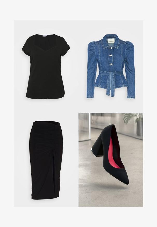 Džínová bunda s páskem v pase, přiléhavým střihem a nadýchanými ramenními vycpávkami. Středně modrá barva, strukturovaný design a zapínání na knoflíky vpředu.; Černé žebrované tričko s hranatým výstřihem, krátkými rukávy a přiléhavým střihem. Hladká textilie a bezšvý lem.; Černá, řasená tužková sukně s detailem na zavazování a bočním rozparkem. Vyrobena z elastického materiálu s hladkou texturou a přiléhavým střihem.; Černá vysoká podpatková bota s špičatou špičkou, texturovaným povrchem a živým růžovým interiérem. Obsahuje masivní podpatek se stříbrným akcentem.