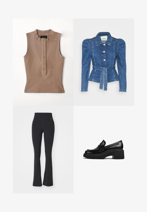Spijkerjack met een ceintuur in de taille, een getailleerd lijfje en pofmouwen. Middelblauwe kleur, gestructureerd ontwerp en knoopsluitingen aan de voorkant.; Tan mouwloze top van ribgebreide stof. Heeft een hoge kraag en een knopenpad met vijf bruine knopen. Soepele textuur.; Zwarte yogabroek met een hoge tailleband, gemaakt van rekbare stof. Heeft een flared ontwerp en een klein Nike-logo op de taille.; Zwarte leren loafers met chunky hak en dikke zool, met een banddetail over de bovenkant, zijaanzicht op een witte achtergrond.