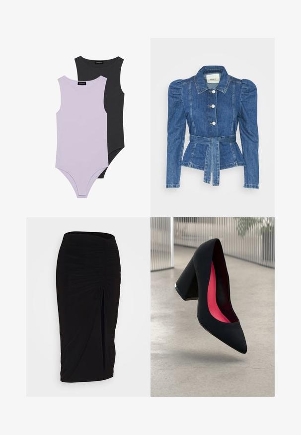 Denim jacket with a belted waist, fitted bodice, and puffed shoulders. Medium blue color, structured design, and front button closures.; Two sleeveless bodysuits: one in light lavender, one in dark gray. Made from soft fabric with a round neckline and fitted shape.; Black, ruched pencil skirt with tie detail and a side slit. Made from a stretchy fabric, featuring a smooth texture and form-fitting design.; Black high heel shoe with a pointed toe, textured surface, and a vibrant pink interior. Features a chunky heel with silver accent.