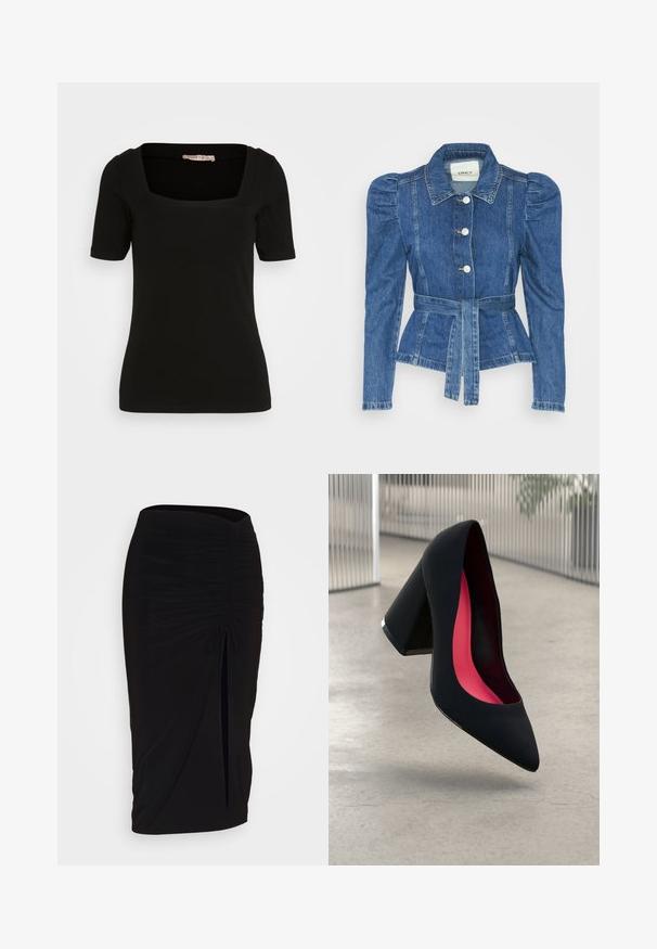 Džínová bunda s páskem v pase, přiléhavým střihem a nadýchanými ramenními vycpávkami. Středně modrá barva, strukturovaný design a zapínání na knoflíky vpředu.; Černý top s krátkým rukávem a čtvercovým výstřihem. Vyrobeno z měkké, elastické tkaniny. Obsahuje pečlivé švy a přiléhavý střih.; Černá, řasená tužková sukně s detailem na zavazování a bočním rozparkem. Vyrobena z elastického materiálu s hladkou texturou a přiléhavým střihem.; Černá vysoká podpatková bota s špičatou špičkou, texturovaným povrchem a živým růžovým interiérem. Obsahuje masivní podpatek se stříbrným akcentem.
