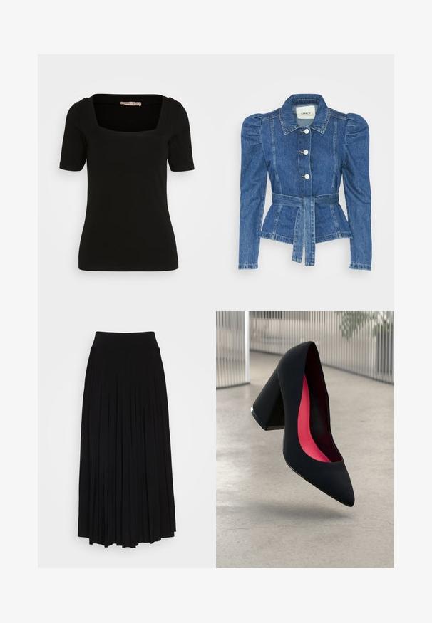 Jeansowa kurtka z pasem w talii, dopasowaną górą i bufiaste ramiona. Średni niebieski kolor, usztywniony fason oraz zapięcie na guziki z przodu.; Czarny krótki top z krótkim rękawem i kwadratowym dekoltem. Wykonany z miękkiego, elastycznego materiału. Posiada staranne szwy oraz dopasowaną sylwetkę.; Czarna plisowana spódnica z wysokim, elastycznym pasem. Wykonana z miękkiego materiału, z pionowymi plisami, które tworzą zwiewny kształt.; Czarna szpilka o spiczastym nosie, z teksturowaną powierzchnią i intensywnie różowym wnętrzem. Posiada masywny obcas z srebrnym akcentem.