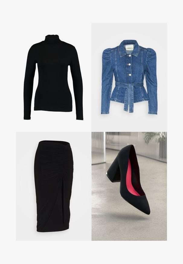 Denimiga jope, mille vöökoht on reguleeritav, kehaosa on kitsas ja õlavarred on puhvaariga. Keskmise sinise värvusega, struktureeritud disain ja ees nupulukud.; Must värviline pikade varrukatega kõrge kaelusega särk, mis on valmistatud siledast kangast, sobides hästi kihtidena kandmiseks või iseseisvaks kandmiseks.; Mustast, rikutud pliiatsiseelik sidumisdetailiga ja küljes lahtise lõhenemisega. Valmistatud venivast kangast, millel on sile tekstuur ja keha lähedane lõige.; Mustad must kõrged kontsad, terava ninaga, tekstuurse pinnaga ning erksa roosa sisemusega. Omab paksu kontsa koos hõbedase aktsendiga.