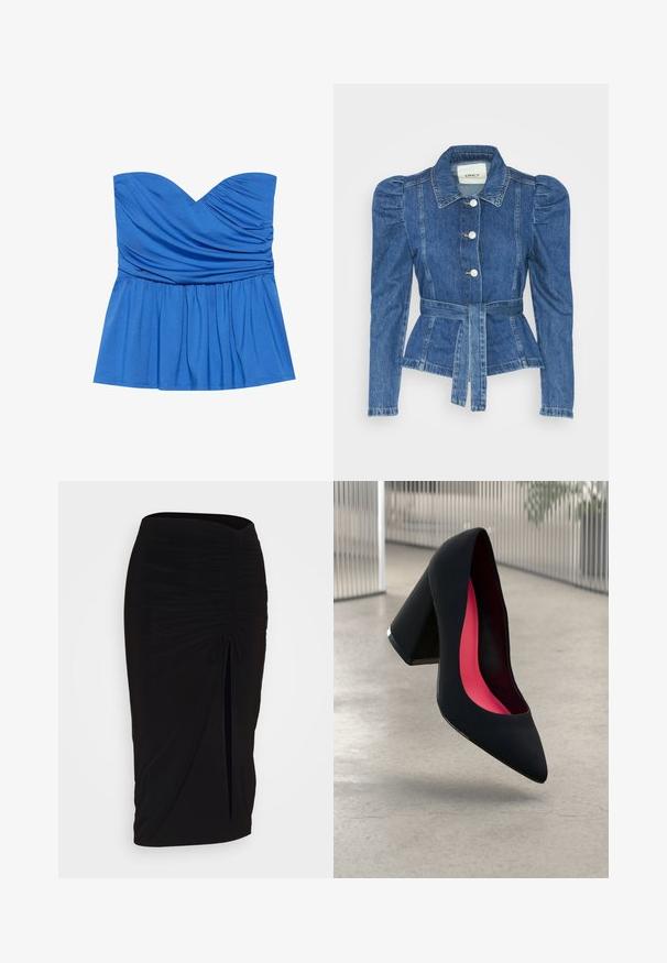 Denim jacket with a belted waist, fitted bodice, and puffed shoulders. Medium blue color, structured design, and front button closures.; Blue strapless peplum top made of smooth fabric, featuring a sweetheart neckline and gathered detailing at the bust and waist.; Black, ruched pencil skirt with tie detail and a side slit. Made from a stretchy fabric, featuring a smooth texture and form-fitting design.; Black high heel shoe with a pointed toe, textured surface, and a vibrant pink interior. Features a chunky heel with silver accent.