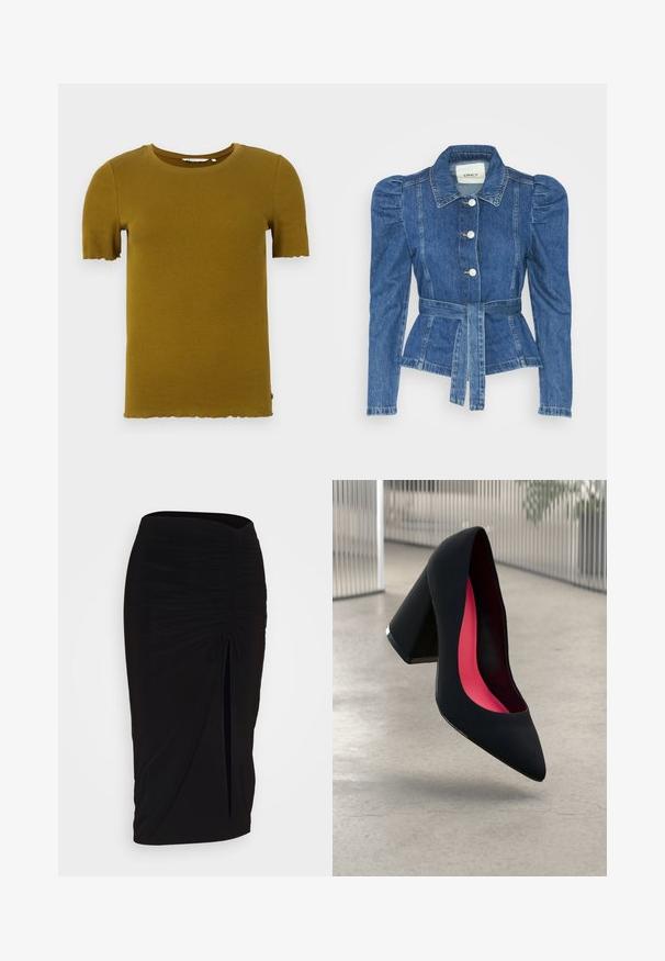 Jeansjacka med midjebälte, åtsittande liv och puffiga axlar. Mellanblå färg, strukturerad design och knäppning fram.; Senapsgul ribbad kortärmad t-shirt med rund hals och vågig fåll. Mjuk textur och figursydd design. Inga synliga fästen eller mönster.; Svart, rynkad pennkjol med knytning och en sidoslits. Tillverkad av ett elastiskt tyg, med en jämn yta och figurnära design.; Svart högklackad sko med spetsig tå och texturerad ovandel. Insidan har en ljusrosa foder. Fyrkantig klack med metallisk detalj vid basen.