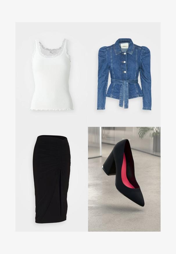 Veste en denim avec une taille ceinturée, un buste ajusté et des épaules bouffantes. Couleur bleu moyen, design structuré et fermetures à boutons sur le devant.; Débardeur blanc à côtes avec un liseré en dentelle le long de l'encolure et des emmanchures ; finition en bas en forme de vagues ; design ajusté et tissu léger.; Jupe crayon noire froncée avec détail à nouer et fente latérale. Fabriquée à partir d'un tissu extensible, elle présente une texture lisse et une coupe ajustée.; Chaussure à talon noir avec un bout pointu, surface texturée et un intérieur rose vif. Dotée d'un talon épais avec un accent en argent.