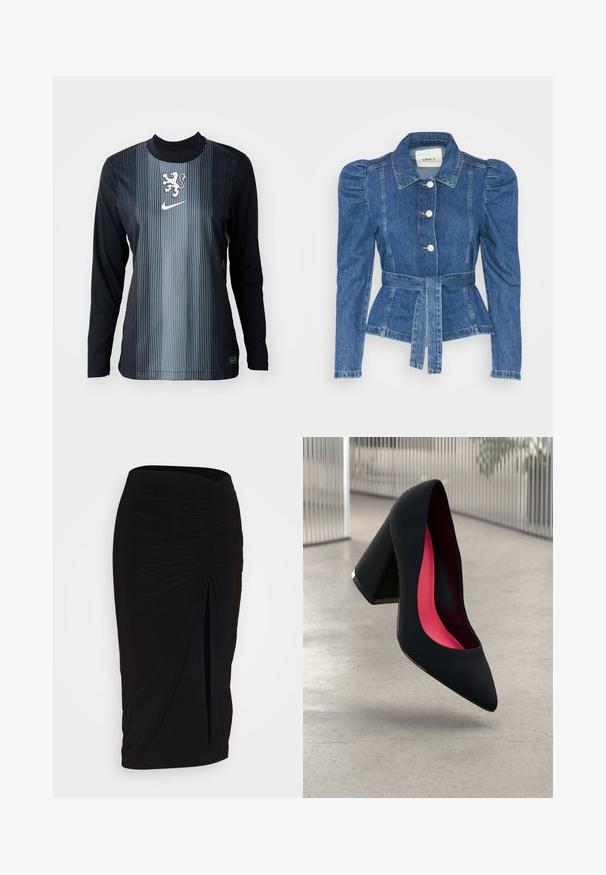 Spijkerjack met een ceintuur in de taille, een getailleerd lijfje en pofmouwen. Middelblauwe kleur, gestructureerd ontwerp en knoopsluitingen aan de voorkant.; Langmouwshirt in zwart en grijs met verticale strepen, featuring een leeuwembleem en Nike-logo op de borst. Glad textuur, sportieve pasvorm.; Zwarte, gerimpelde kokerrok met strikdetail en een zijsplit. Gemaakt van een rekbaar stof, met een soepele textuur en een aansluitend ontwerp.; Zwarte hoge hak met een spitse neus, textuur op het oppervlak en een opvallend roze interieur. Beschikt over een chunky hak met zilveren accent.