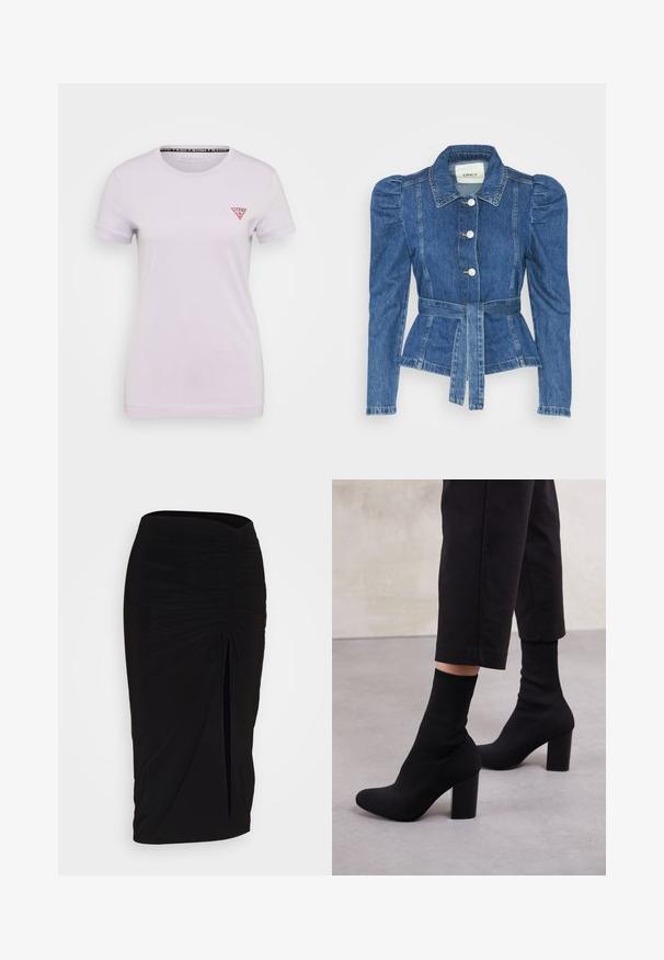 Giacca in denim con vita cintrata, corpino aderente e spalle imbottite. Colore blu medio, design strutturato e chiusura frontale con bottoni.; Guess MINI TRIANGLE TEE - T-shirt basic - new light lilac; Gonna a tubino nera, arricciata, con dettaglio a fiocco e uno spacco laterale. Realizzata in un tessuto elasticizzato, presenta una texture liscia e un design aderente.; Stivaletti neri con tacco alto, dotati di una parte superiore in tessuto a coste simile a una calza, superficie liscia, punta arrotondata e un tacco a blocco per maggiore stabilità.