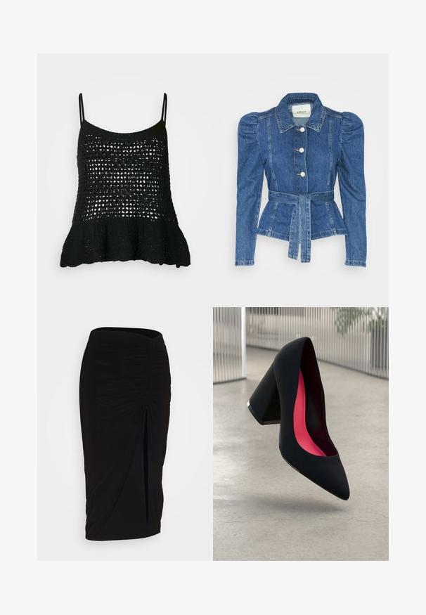 Chaqueta de mezclilla con cintura ceñida, cuerpo ajustado y hombros abullonados. Color azul medio, diseño estructurado y cierres frontales de botones.; Top de tirantes negro de punto con un diseño de crochet suelto, tirantes finos y un dobladillo inferior acampanado para dar forma y textura adicionales.; falda lápiz negra con fruncido, detalle de lazo y abertura lateral. Hecha de un tejido elástico, con una textura suave y un diseño ajustado.; Zapato de tacón alto negro con puntera afilada, superficie texturizada y un interior de un rosa vibrante. Presenta un tacón grueso con un acento plateado.