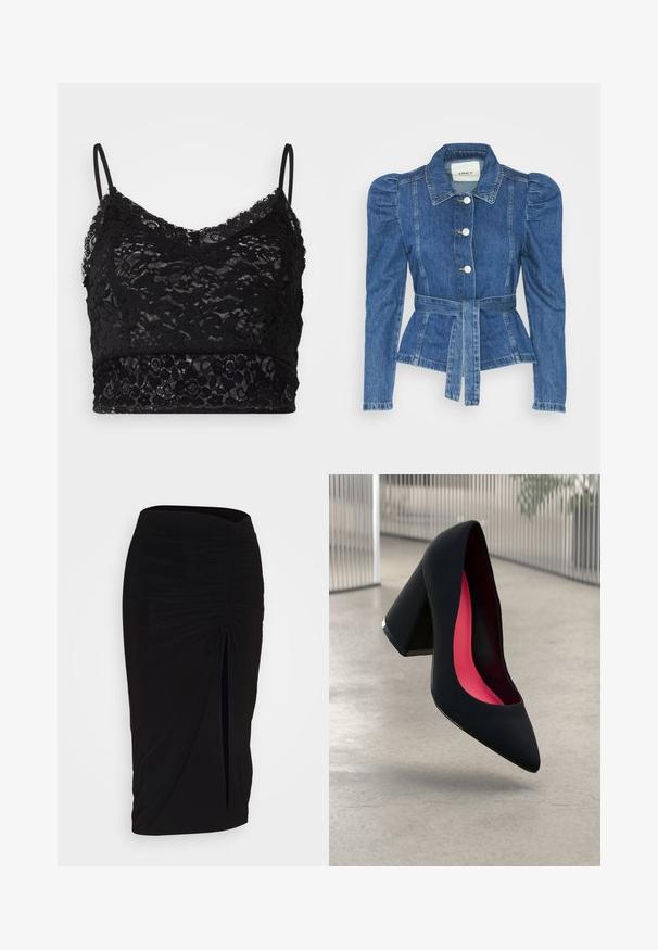 Denim jakna z pasom, prilegajoča bodica in napihnjena ramena. Srednje modra barva, strukturna zasnova in sprednje gumbne zanke.; Črne čipkaste bralette z nastavljivimi trakovi, cvetnim čipkastim vzorcem in enobarvnim črnim pasom na dnu.; Črna, nabrana svinčnik krilo z detajlom v obliki traku in stranskim razporkom. Narejeno iz raztegljive tkanine, ki se ponaša z gladko teksturo in oblikovanjem, ki se prilega telesu.; Črne visoke petke z nazobčanim prstom, teksturirano površino in živahnimi rožnatimi notranjimi deli. Imajo robustno peto z srebrnim akcentom.