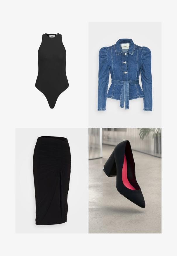 Denimiga jope, mille vöökoht on reguleeritav, kehaosa on kitsas ja õlavarred on puhvaariga. Keskmise sinise värvusega, struktureeritud disain ja ees nupulukud.; Must mustriga mustrihita bodi kõrge kaelusega ja stringipõhjaga. Valmistatud siledast, venivast kangast, et saavutada keha lähedane kujund.; Mustast, rikutud pliiatsiseelik sidumisdetailiga ja küljes lahtise lõhenemisega. Valmistatud venivast kangast, millel on sile tekstuur ja keha lähedane lõige.; Mustad must kõrged kontsad, terava ninaga, tekstuurse pinnaga ning erksa roosa sisemusega. Omab paksu kontsa koos hõbedase aktsendiga.