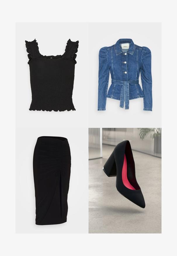 Denimiga jope, mille vöökoht on reguleeritav, kehaosa on kitsas ja õlavarred on puhvaariga. Keskmise sinise värvusega, struktureeritud disain ja ees nupulukud.; Must mustriga tank-top musta värviga, rähkne rihmade ja lainelise äärega. Pehme, tekstuurne kangas, sobib hästi kehajoontele, rõhutades figuuri.; Mustast, rikutud pliiatsiseelik sidumisdetailiga ja küljes lahtise lõhenemisega. Valmistatud venivast kangast, millel on sile tekstuur ja keha lähedane lõige.; Mustad must kõrged kontsad, terava ninaga, tekstuurse pinnaga ning erksa roosa sisemusega. Omab paksu kontsa koos hõbedase aktsendiga.