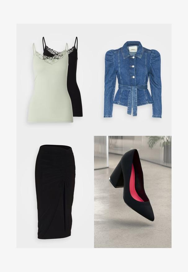 Denim jakna z pasom, prilegajoča bodica in napihnjena ramena. Srednje modra barva, strukturna zasnova in sprednje gumbne zanke.; ONLY ONLKIRA LIFE SINGLET 2 PACK - Top - desert sage/black; Črna, nabrana svinčnik krilo z detajlom v obliki traku in stranskim razporkom. Narejeno iz raztegljive tkanine, ki se ponaša z gladko teksturo in oblikovanjem, ki se prilega telesu.; Črne visoke petke z nazobčanim prstom, teksturirano površino in živahnimi rožnatimi notranjimi deli. Imajo robustno peto z srebrnim akcentom.